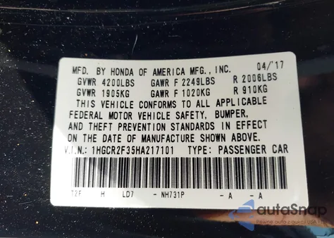 2017 Honda Accord Lx from USA, damaged, VIN 1HGCR2F35HA217101